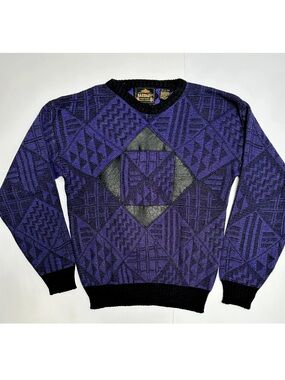 VINTAGE BARNABY SWEATER CHUNKY LEATHER INLAY PATCHES Cosby geometric Purple LRG